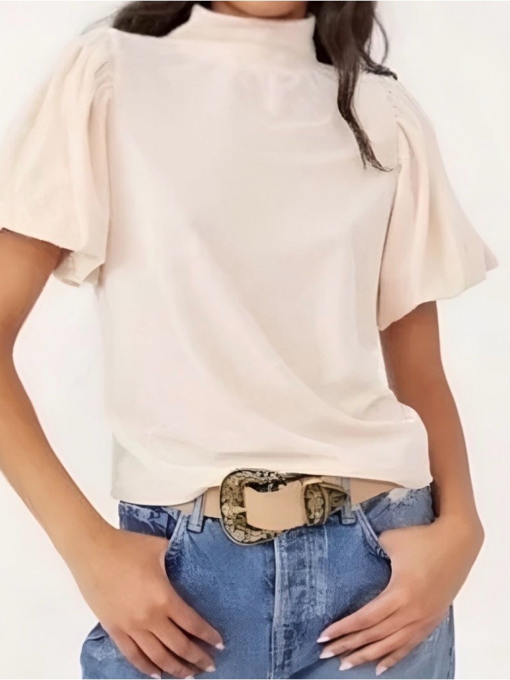 Free People Puff Sleeve Velvet Mock Neck Top in Pale Blush Size Medium